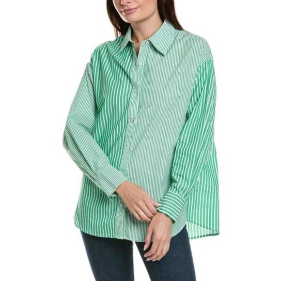 Cabi Preppy Oversized Dad Striped Green Button Down Top Size Small - Picture 1 of 14
